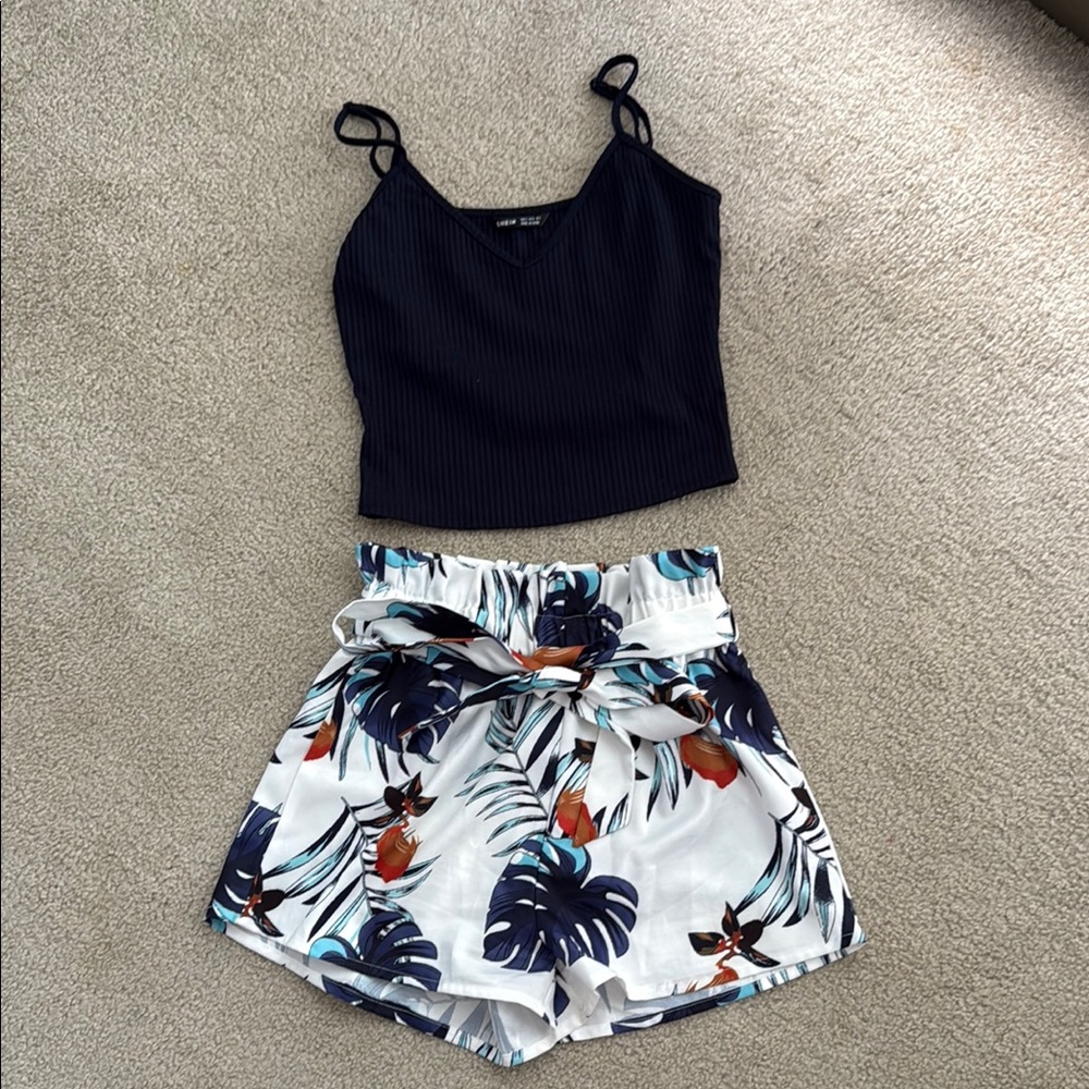 Navy Crop Top and Tropical Print Shorts Set
